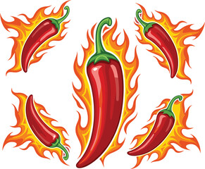 Flaming chili pepper illustration set with spicy red hot peppers, fire effects, heat symbols and bold cartoon style food graphic vector design