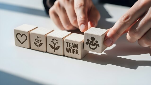 Smiley Face and Teamwork Icons on Wooden Cubes - Powered by Adobe
