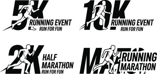 running event logos featuring marathon and race distances with dynamic runner silhouettes for sports and promotional design use