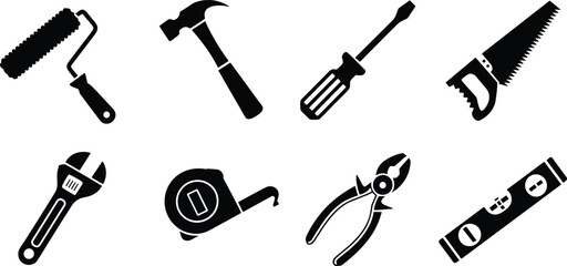 Set of black silhouette icons of hand tools including hammer, wrench, saw, and screwdriver, isolated on white for design use