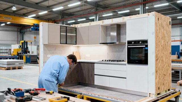 Medium shot of a factory worker assembling a prebuilt kitchen module showcasing precise offsite manufacturing processes for modern homes.