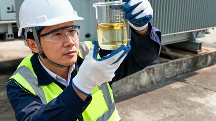 Engineer in safety gear collects transformer oil onsite carefully inspecting container for contamination or degradation