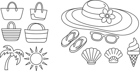 Summer vacation accessory set with beach bags, sun hat, flip-flops, sunglasses, seashells, palm tree, sunshine and ice cream line art illustration