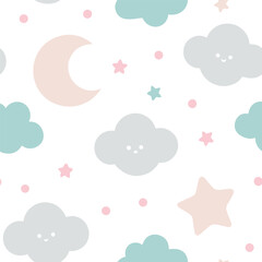 Obraz premium Seamless cute clouds and stars pattern. Pastel sky background for kids nursery. Baby shower vector texture with moon and dreams.