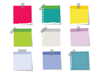Collection of nine colorful sticky notes attached with tape isolated on