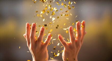 Close up of two hands reaching upwards catching and playing with a shower of golden confetti in a celebratory moment outdoors