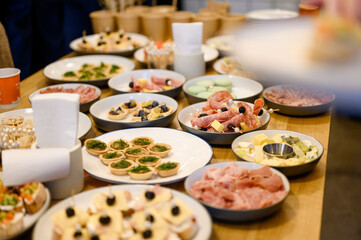 buffet, catering and snacks on table