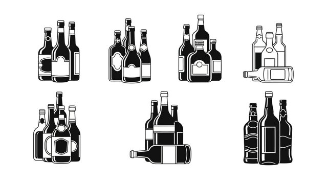 Monochrome Group of Different Bottles and Beverages Grouped Together Illustration of Various Types and Sizes of Bottles Design Vector