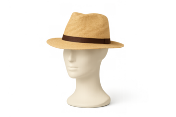 Straw fedora hat with brown band displaying on mannequin head, representing summer fashion accessory and style on transparent background