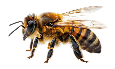 Isolated flying honey bee , a stunning bee is flying, isolated on transparent background, macro, incredible pollinator