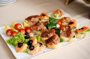 buffet, catering and snacks on table