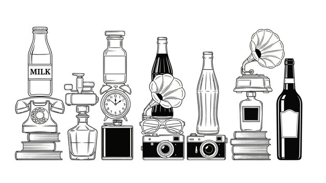 Vintage Still Life Composition of Old Fashioned Everyday Objects Arranged Stacks Books Bottles Camera Phonograph Clock Milk Decorative Objects Elegant Interior