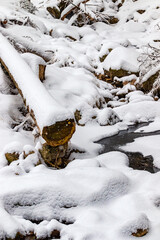 zamarznięta rzeka w Karkonoszach, zimą, w Karkonoskim Parku Narodowym w Polsce