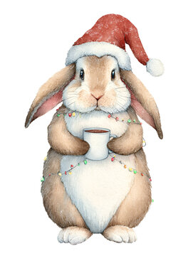 Watercolor Christmas woodland rabbit 