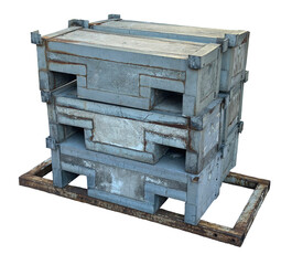 Stacked industrial metal molds on a steel pallet, isolated on tranparent background, showing worn surfaces and heavy manufacturing equipment for casting processes. Png. Single object