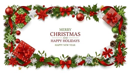Holiday Greeting Card with Christmas Border, Gifts, Ornaments, and Combined Seasonal Messages