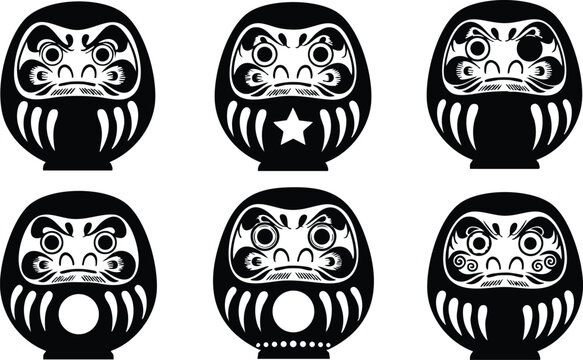 Flat design daruma doll icon set front view six variations high contrast monochrome vector art bold facial features traditional japanese talisman motif for logo pattern sticker