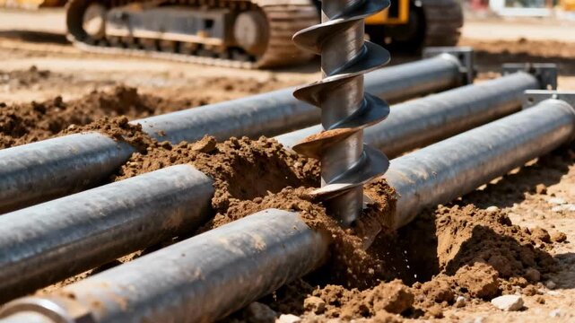 Medium shot capturing helical piles being screwed into soil using specialized equipment for stable deep foundation installation.