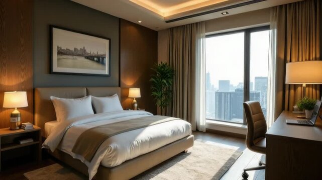 Video A comfortable bedroom with a large bed and a study area with a desk, ideal for reading or working