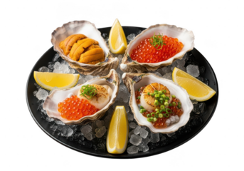 A aperitive platter of oysters with sea urchin roe and yummy scallops garnished with lemon and green onions on lots of ice on a metal tray on transparent background