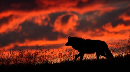 Steppe Wolf Silhouette Walking Under Fiery Dusk Sky as Ancestral Guide in Turkic Legends