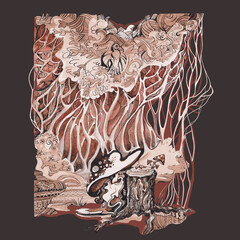 magic forest with trees and small goblin, book kids illustration