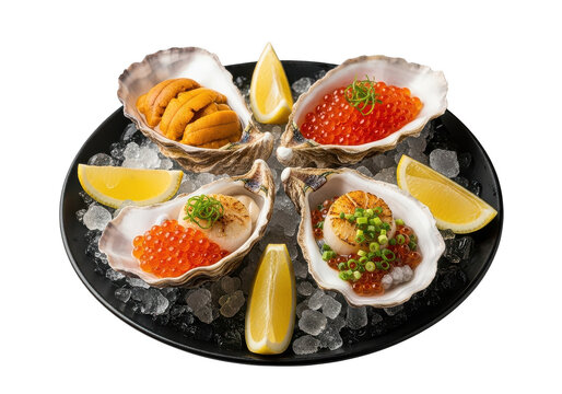 A aperitive platter of oysters with sea urchin roe and yummy scallops garnished with lemon and green onions on lots of ice on a metal tray on transparent background