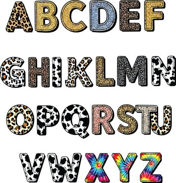 Animal Print Alphabet Set Graphic Letters with Leopard Cow Print Tie Dye Isolated Vector Illustration for Decoration Posters Banners