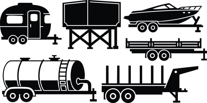 Flat icon set side view silhouette trailers and transports including caravan boat tanker flatbed container water tank and utility trailers isolated on white background vector art