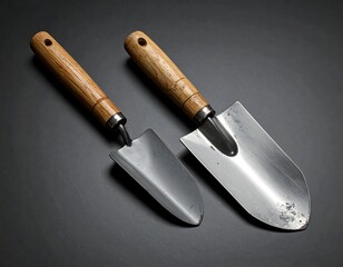 Two small hand trowels resting on a dark surface