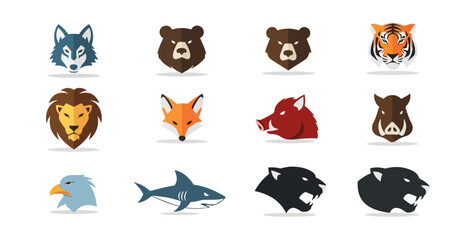 Wildlife animal head icons wolf bear tiger lion fox wild boar eagle shark