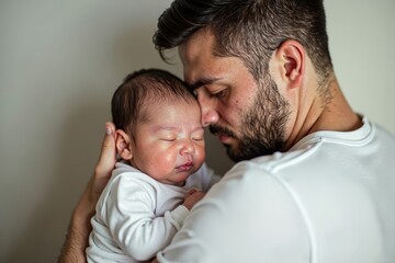 Father lovingly holding his newborn baby while they both nap peacefully together.