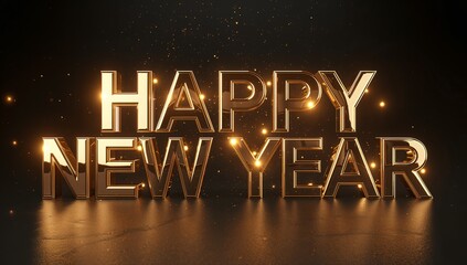 Happy new year golden text with radiant glow and reflections on a dark background, festive greeting