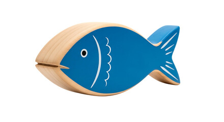 Blue wooden fish toy with white details on black image