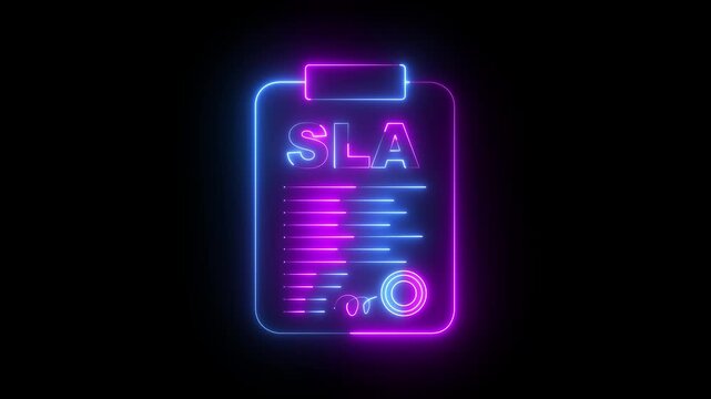 neon Service level agreement SLA document icon animation on black background. SLA - Service Level Agreement icon. Commitment between service provider and a client. SLA results clipboard icon.