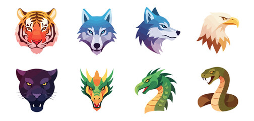 Stylized animal heads in digital illustration tiger wolf eagle dragon snake