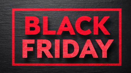 Fototapeta premium Bold red Black Friday text on a dark textured background inside a glowing rectangular frame. Bright sale banner for holiday discounts, promotions, marketing and shopping campaigns.
