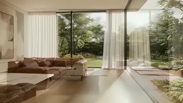 Sleek minimalist living room with modern furniture, floor to ceiling windows, and abundant natural light capturing the essence of contemporary simplicity perfect for use cases such as lifestyle.