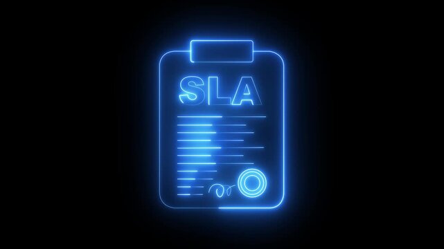 neon Service level agreement SLA document icon animation on black background. SLA - Service Level Agreement icon. Commitment between service provider and a client. SLA results clipboard icon.