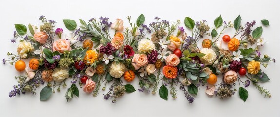 An artful arrangement of pastel flowers, lush greenery, and bright fruits, set on a bright canvas.