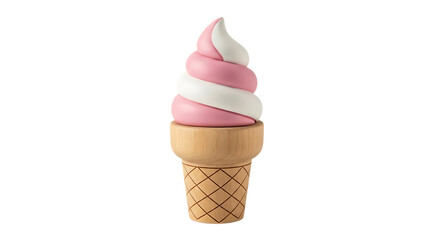 Pink and white soft serve ice cream in wooden cone