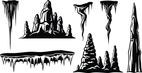Line art close up cave formations with stalactites and stalagmites floating rock platform and tall spire silhouettes isolated on white high contrast vector illustration dramatic shadows