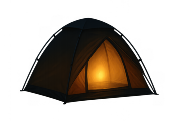 Camping tent illuminating the night with warm light, a symbol of adventure and outdoor shelter, isolated on transparent background