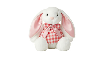 White plush bunny rabbit with pink gingham dress and bow
