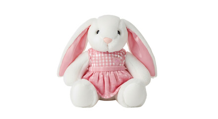 White plush bunny rabbit wearing pink gingham dress
