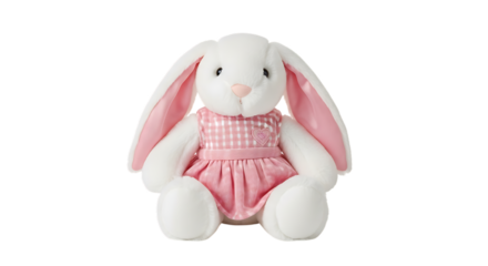 White plush bunny rabbit wearing pink gingham dress