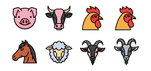 Farm animal icons on black background
