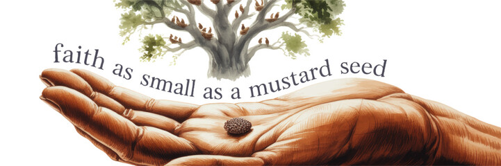 Christian illustration faith as small as a mustard seed, open hands holding mustard seed, tree of life, inspirational Bible art