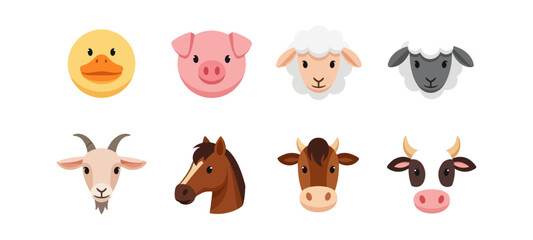 Cartoon farm animal heads set illustration