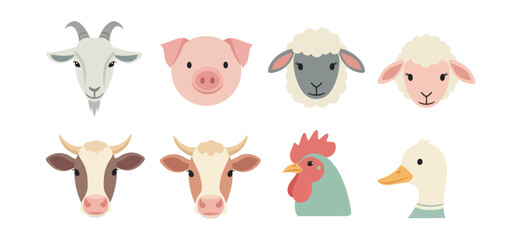 Farm animal heads vector illustration set